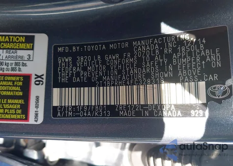 2015 Toyota Corolla Le Eco из США, поврежденный, VIN 2T1BPRHE4FC328318